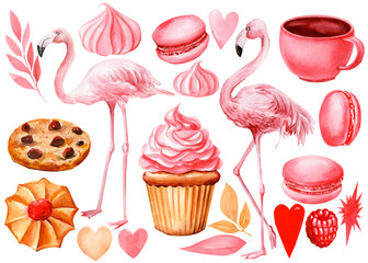 set of elements cakes, hearts, cookies, leaves, meringues, macaroni, raspberries, pink flamingo on an isolated white background, watercolor illustration