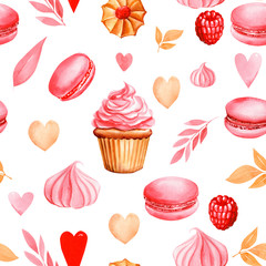 seamless pattern of cakes, hearts, leaves, meringues, macaroons, cookies on an isolated white background, watercolor illustration