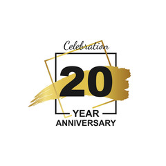 20th golden anniversary logo celebration with frame and hand drawn ink brush gold ribbon. Vector template element for your 20 birthday party poster greeting card on white background and black number.