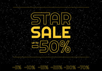 Black Friday Sale creative banner template  - yellow Star sale text minus 50% discount - Star space yellow letters on black starry night sky space - vector illustration