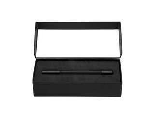 modern black metal flashlight isolated on white