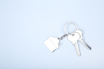 Silver keys with house symbol on grey background
