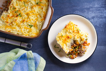 Classic homemade Shepherd's Pie (mashed potato and beef or lamb with vegetables). View from above, top