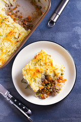 Classic homemade Shepherd's Pie (mashed potato and beef or lamb with vegetables). View from above, top