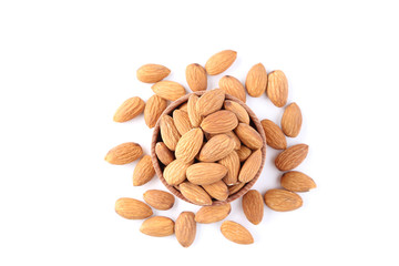 Almonds in bowl isolated on white background