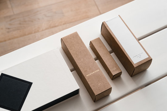 Craft paper cosmetic boxes, packaging mockup