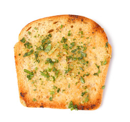 Slice of toasted bread with garlic and herbs isolated on white, top view