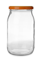 Glass jar for pickled food on white background