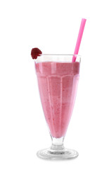 Tasty fresh milk shake in glass on white background