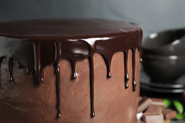Freshly made delicious chocolate cake against grey background, closeup