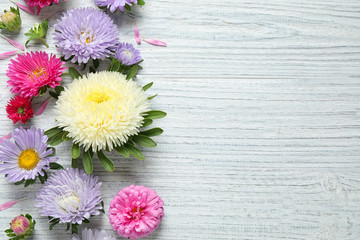 Flat lay composition with beautiful aster flowers on white wooden table. Space for text
