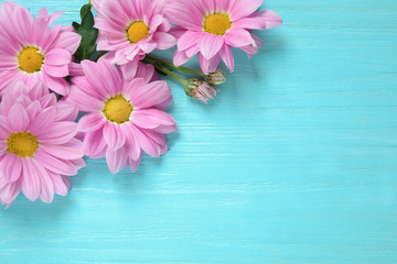 Beautiful chamomile flowers on light blue wooden background, flat lay. Space for text