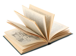 Open hardcover modern book on white background