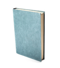 Book with blank blue cover on white background