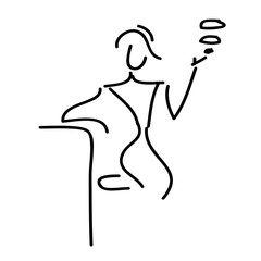 Linear drawing of a smoking woman near the bar counter. A rough, simplified outline sketch. Black lines on a white background. Isolated item.