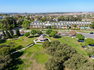 Aerial view of Town Green little park in Ladera Ranch, South Orange County, California. Large-scale residential neighborhood with small park