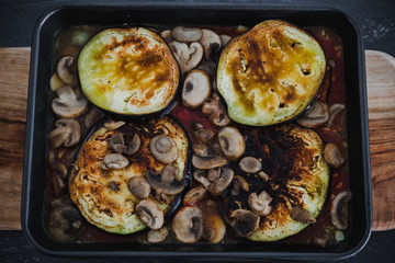 tray with vegan version of eggplant parmigiana without cheese