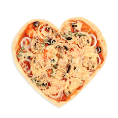 Delicious heart-shapped pizza on white background