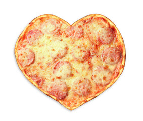 Tasty heart-shapped pizza on white background