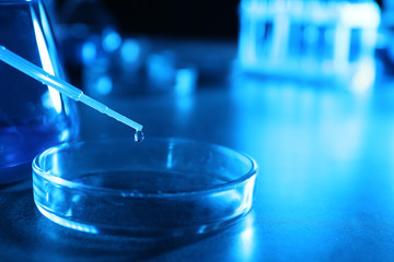 Dripping liquid into Petri dish on table. Laboratory analysis