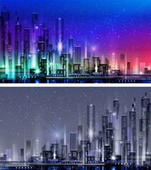 Vector night city illustration with neon glow and vivid colors.