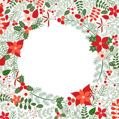 Beautiful Christmas vector background with a wreath with pine branches poinsettia and holly in red and green colors with copy space for greeting cards