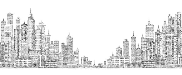 Modern City skyline, highly detailed hand drawn vector illustration