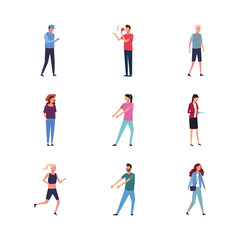 set of avatar people doing actions, flat design