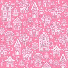 Fototapeta na wymiar Fabulous white silhouettes of houses with ornaments. Decorative seamless background on pink background. folk art. Scandinavian style.