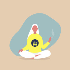 Young relaxed female character sitting in a meditative lotus pose and smoking a joint, cannabis consumer, millennial lifestyle