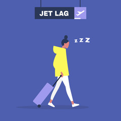 Jet lag conceptual illustration, Young exhausted female character leaving the airport after flight