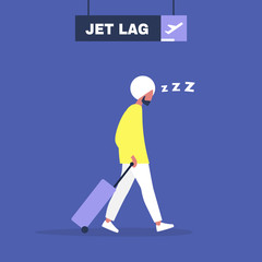 Jet lag conceptual illustration, Young exhausted indian male character leaving the airport after flight