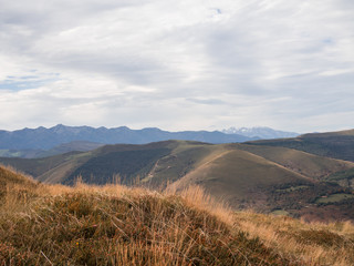 Obraz premium Paisaje montañoso de otoño con picos nevados al fondo en un día nublado