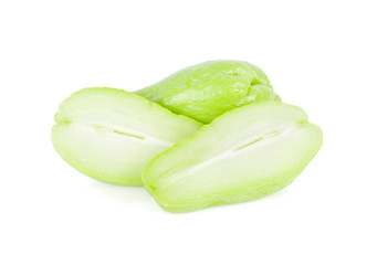 whole and half cut fresh Chayote on white background