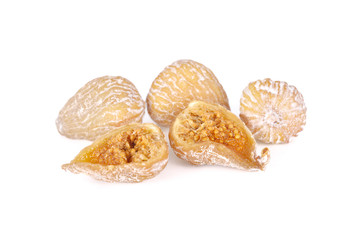 whole and haft cut small dried figs on white background