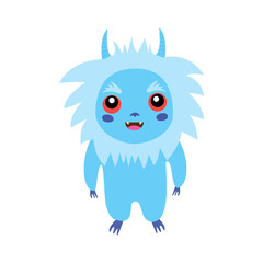 Obraz premium Сute little fluffy monster, isolated white bacground. Fancy beast background. Vector illustration funny Yeti.