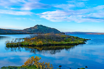 Fototapeta na wymiar Iceland lake panoramic view, lake coast in Iceland