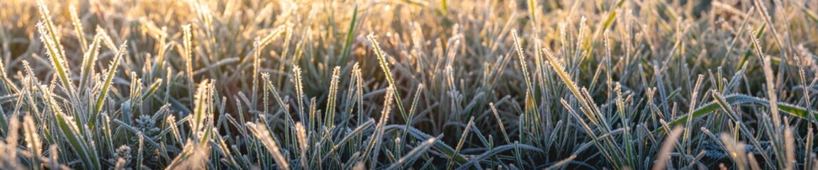 Panorama von Gras an einem frostigen Morgen im Herbst