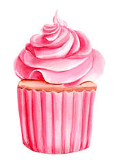 pink cupcake on an isolated white background, watercolor illustration