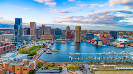Baltimore, Maryland, USA Inner Harbor Skyline Aerial Panorama - obrazy, fototapety, plakaty