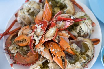 Close-up of Steamed crab that already breakdown and ready to eat.