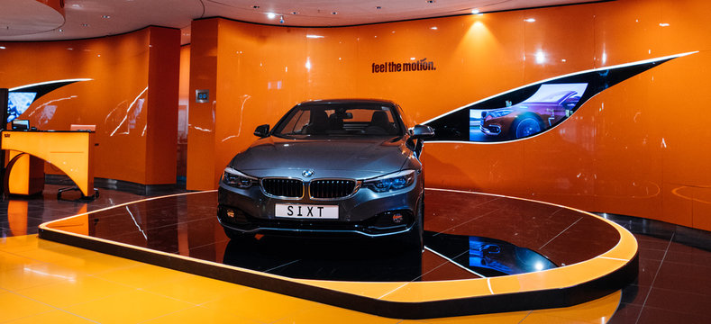 HAMBURG, GERMANY - MAR 20, 2018: Luxury BMW coupe limousine presented at the SIXT rent-a-car stand in Hamburg international Airport