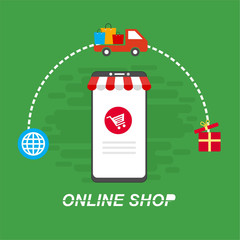 Online shopping concept desktop with computer, table, shopping bags, credit cards, coupons and products