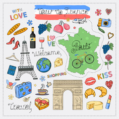 Tour to France icon set.