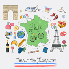 Tour to France icon set.Hand draw