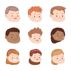 cartoon kids faces smiling icon set