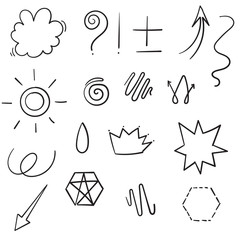 Decoration for your texts and photos with hand drawn doodle elements.Swoops, emphasis doodles. Highlight text elements, calligraphy swirl, tail, flower, heart, graffiti, and crown.line art style