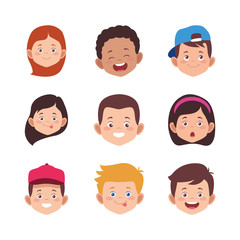 icon set of cartoon kids faces smiling