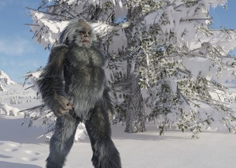 Yeti winter in the forest 3d illustration