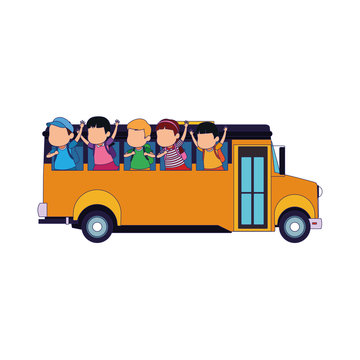 school bus with happy kids icon